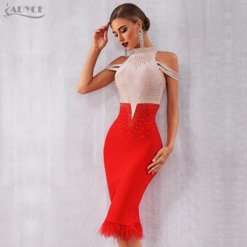 Adyce 2020 New Summer Bandage Dress Women Elegant Red Off Shoulder Sexy Feather Bodycon Club Beading Dress Celebrity Party Dress